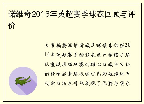 诺维奇2016年英超赛季球衣回顾与评价